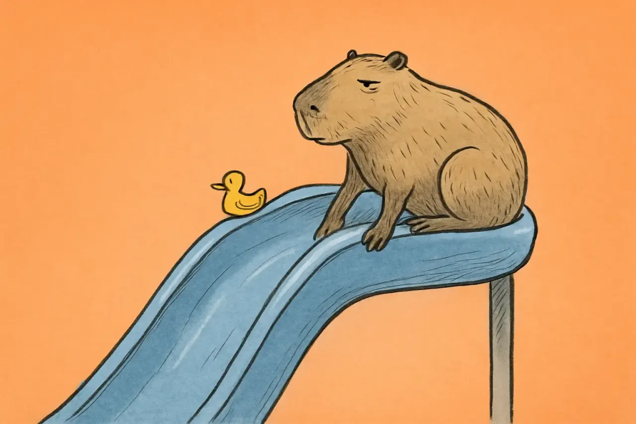 Illustration of a capybara sitting at the top of a blue waterslide, referencing a fabricated viral clip