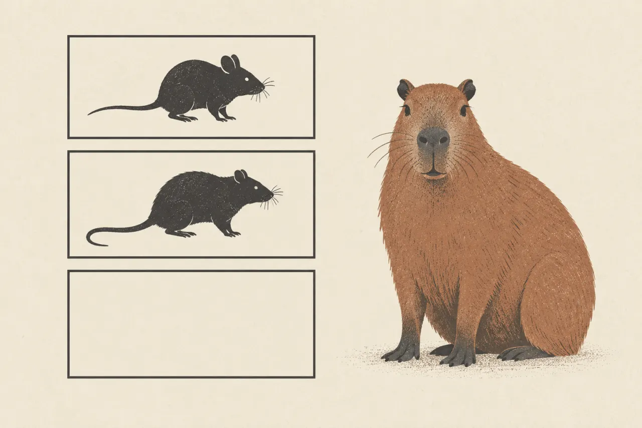 Illustration of three stacked list cards, two carrying small rodent silhouettes and the third empty, with a capybara sitting beside the empty one