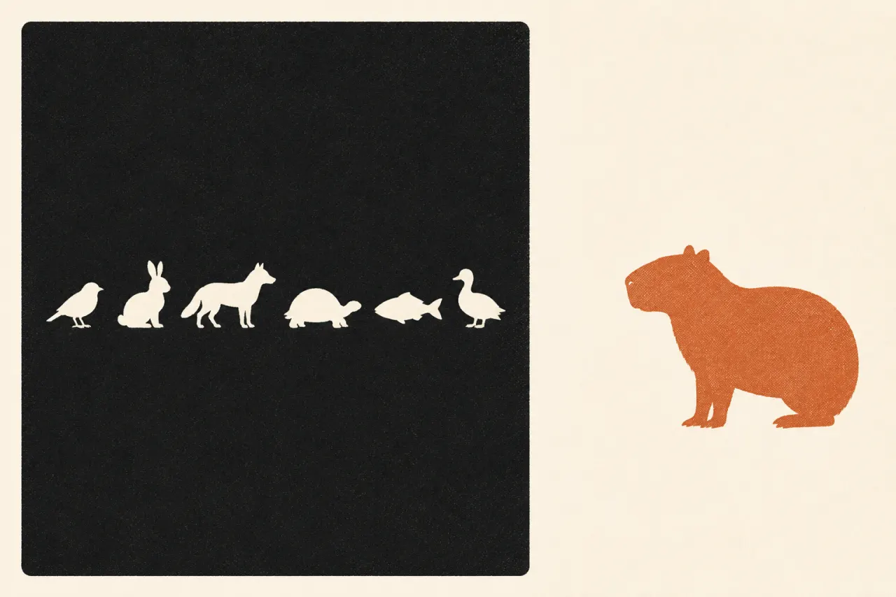 Graphic showing a panel of ordinary pets with a capybara standing outside the list