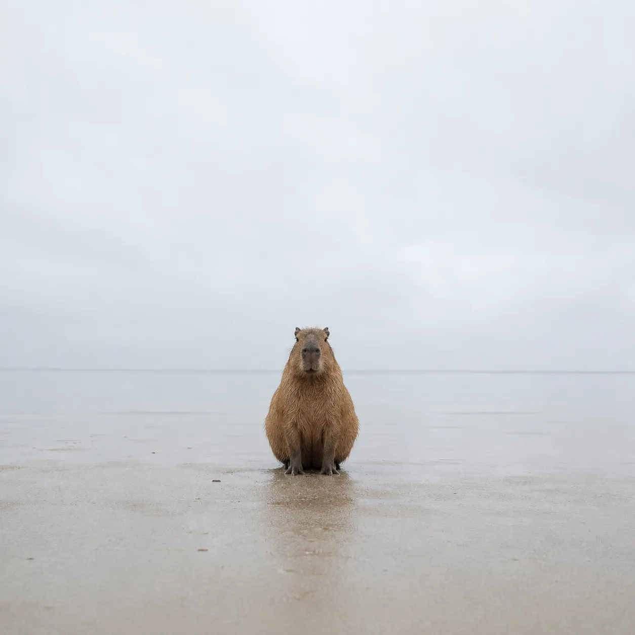 A single capybara sitting alone on a vast empty shoreline under a pale overcast sky