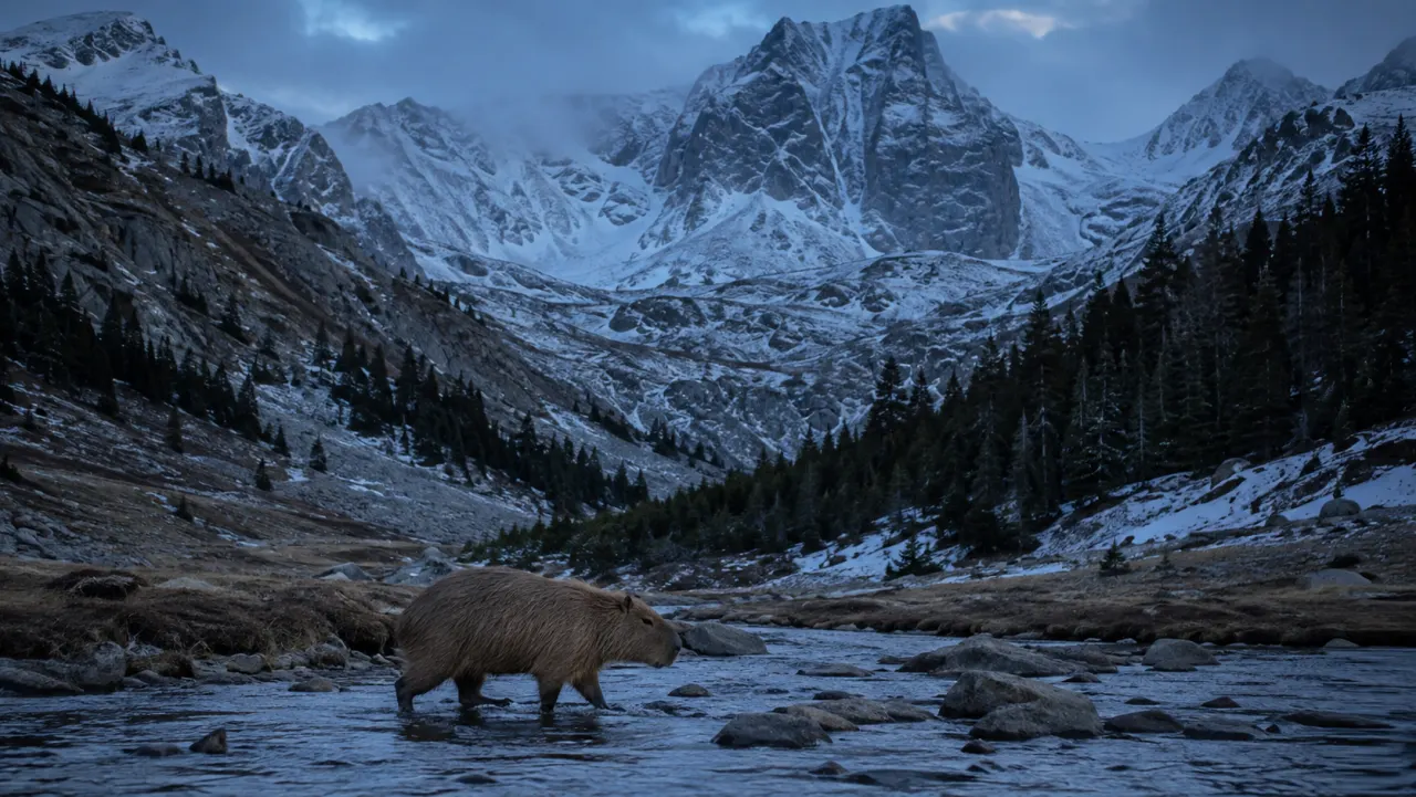 Capybara wading a shallow river below snow-covered Colorado peaks at dusk