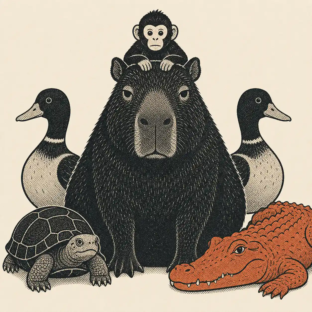 Illustrated capybara facing forward with a monkey on its head, a duck on each side, a tortoise and a caiman in front