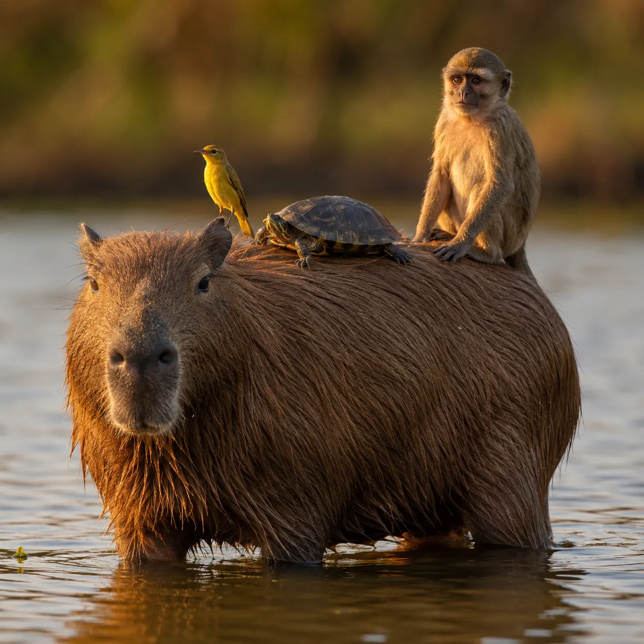 Capybara standing in shallow water with a yellow bird, a turtle, and a small monkey riding on its back