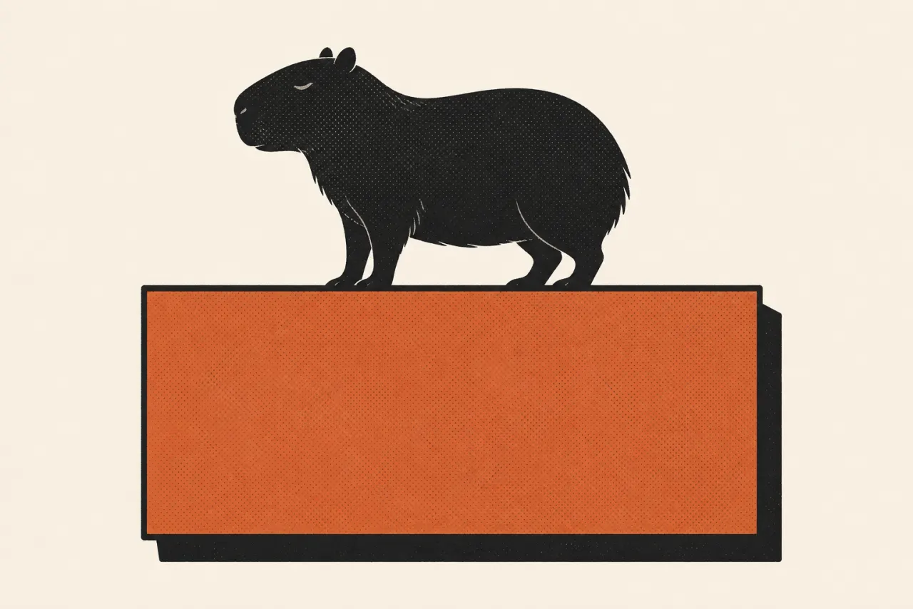 Illustration of a capybara standing on top of a solid rectangular block, raised clear of the ground