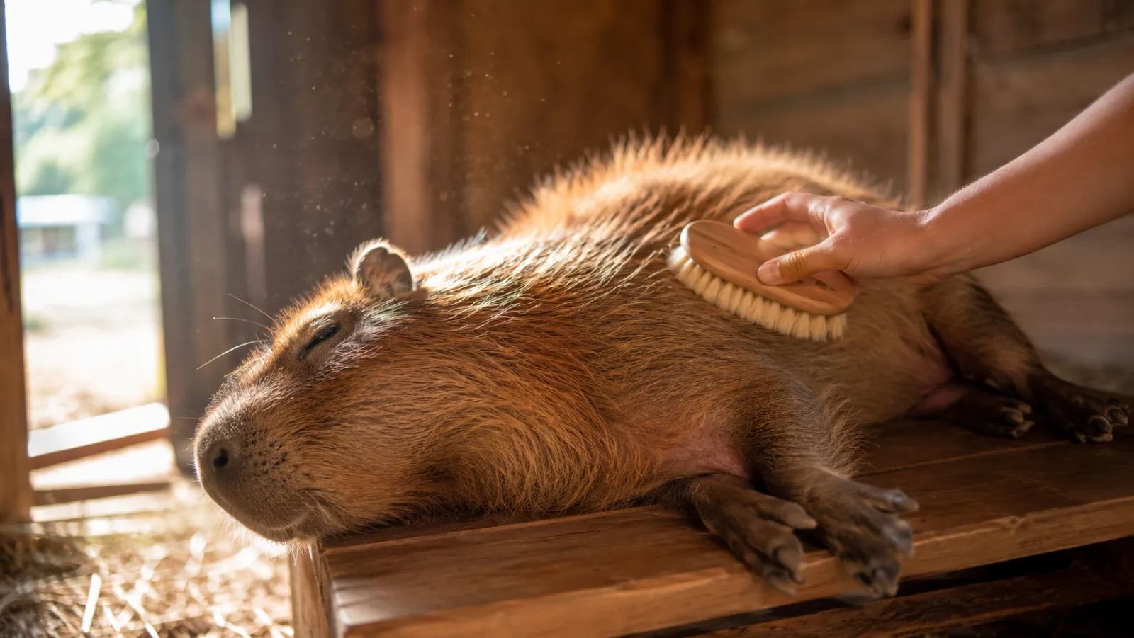 Capybara enjoying a back scratch in warm sunlight with a relaxed, content expression