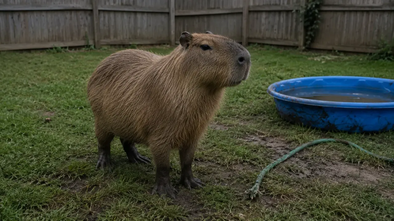 Illustration of a capybara resting in a small water basin in a sunny backyard, surrounded by grass and a wooden fence