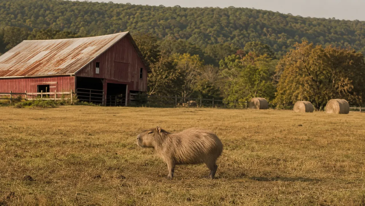 A capybara standing near a hay barn on a farm.