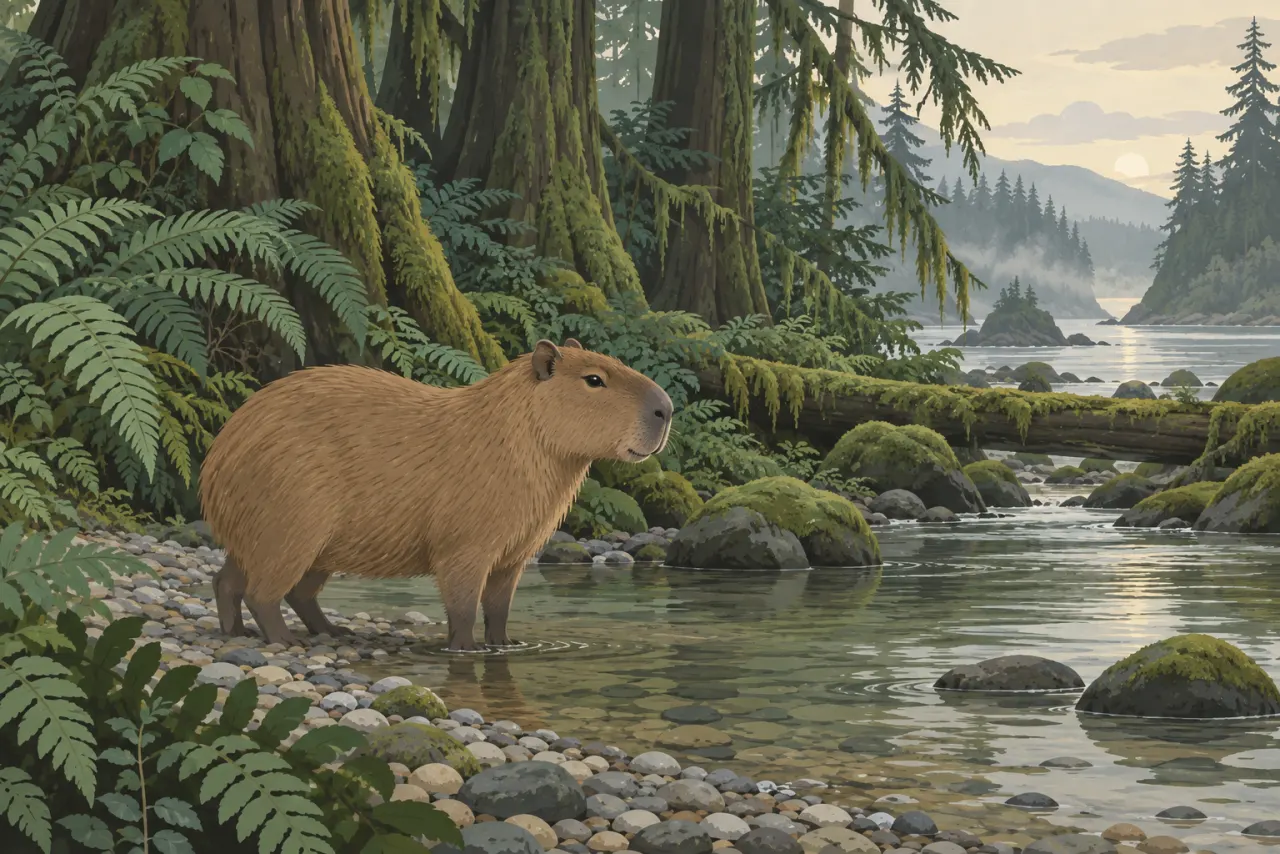 Capybara standing at the edge of a shallow creek in coastal British Columbia rainforest, moss and cedar behind it in flat muted colour