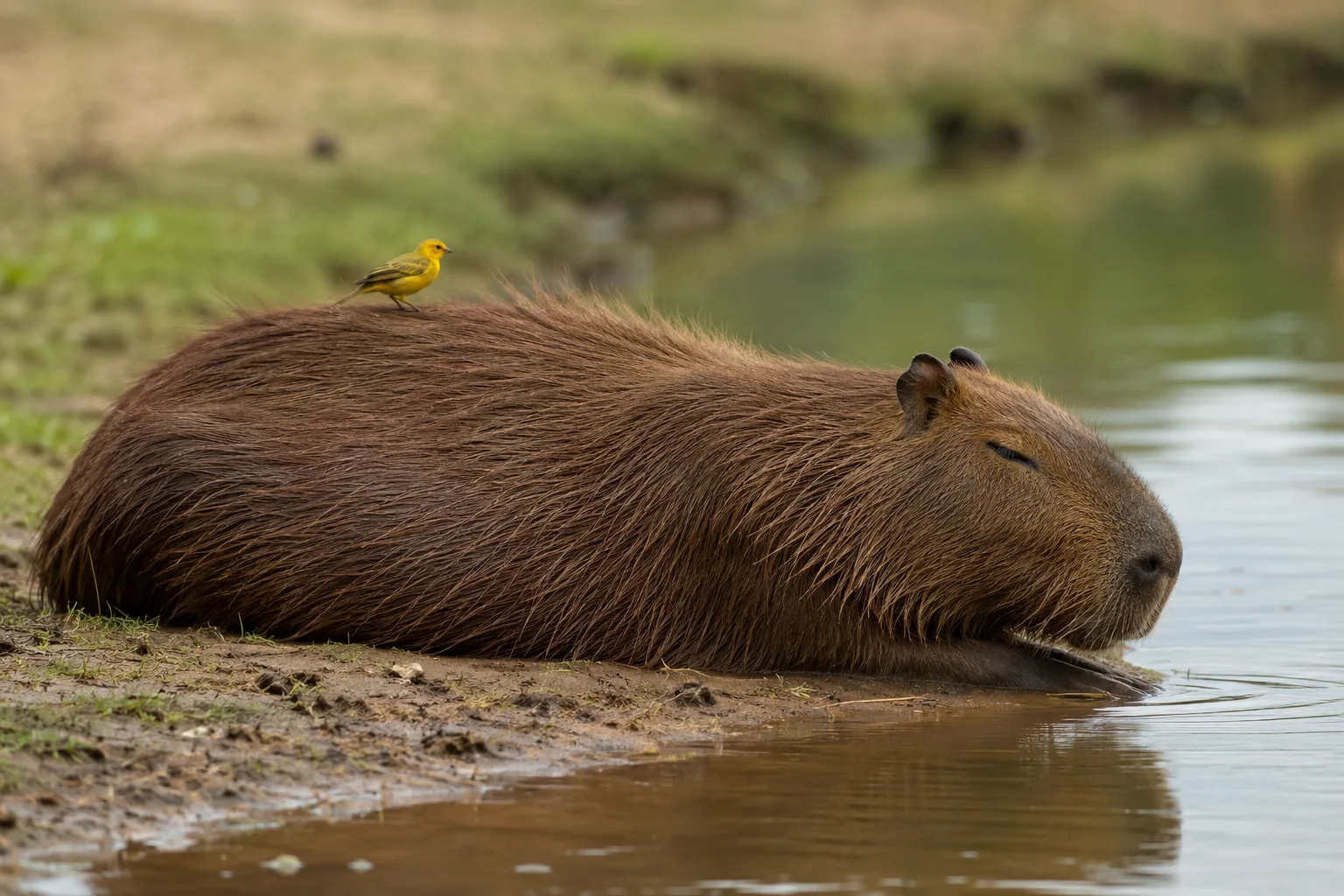 Capybara sitting calmly with a small bird perched on its back near water