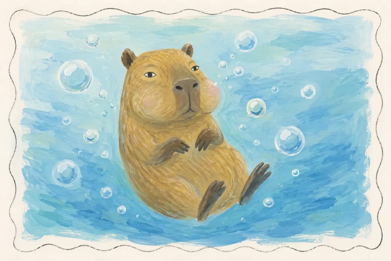 Capybara submerged in a bubble bath underwater with eyes closed, waiting out the noise above the surface