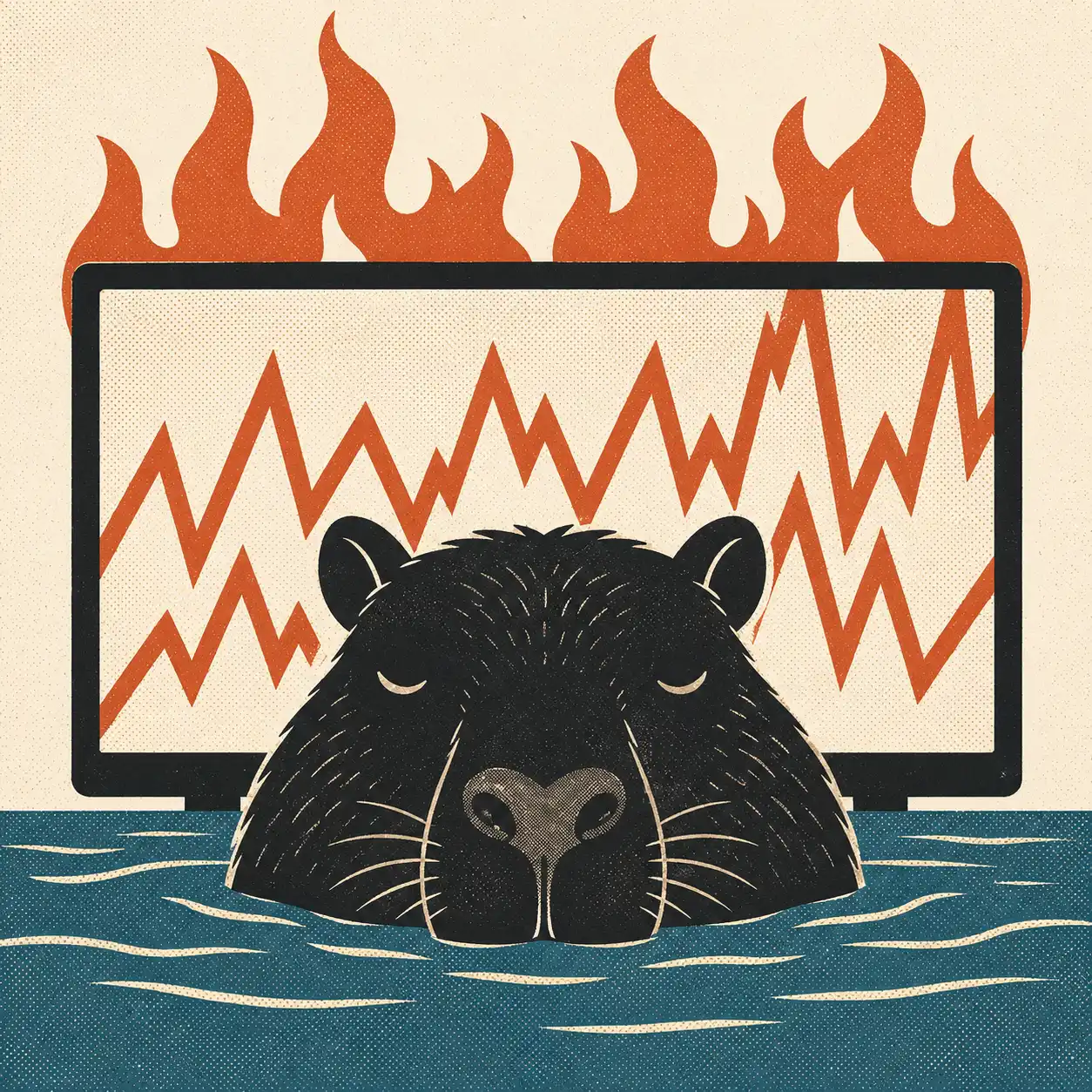 Illustration of an unbothered capybara floating in water in front of a screen showing a crashing chart on fire, for a guide to why capybaras are so popular
