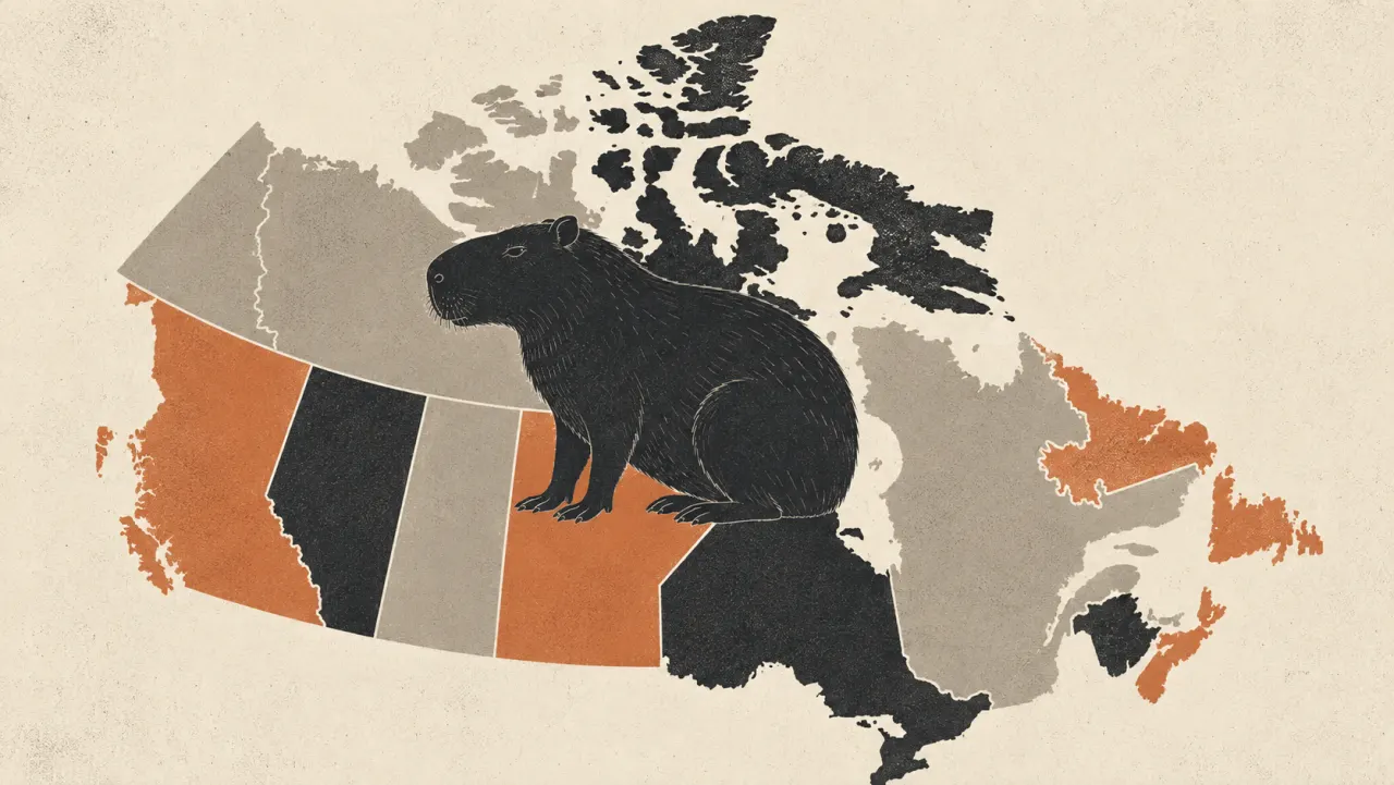 Illustrated map of Canada with each province in a different flat tone and a capybara sitting on top of it