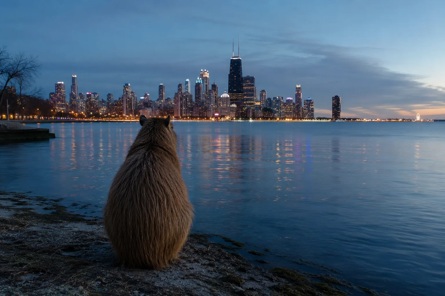 Capybara standing against a Midwest city skyline at dusk, looking unimpressed