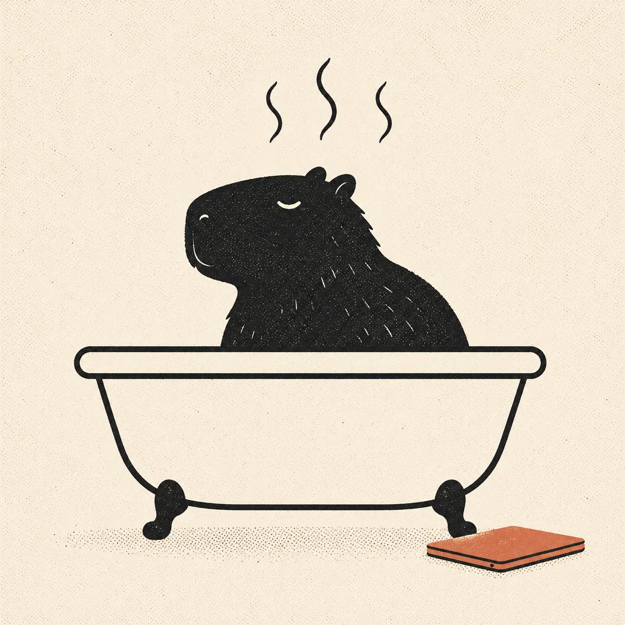 Illustration of a capybara soaking in a clawfoot bathtub with steam rising and a book set down on the floor