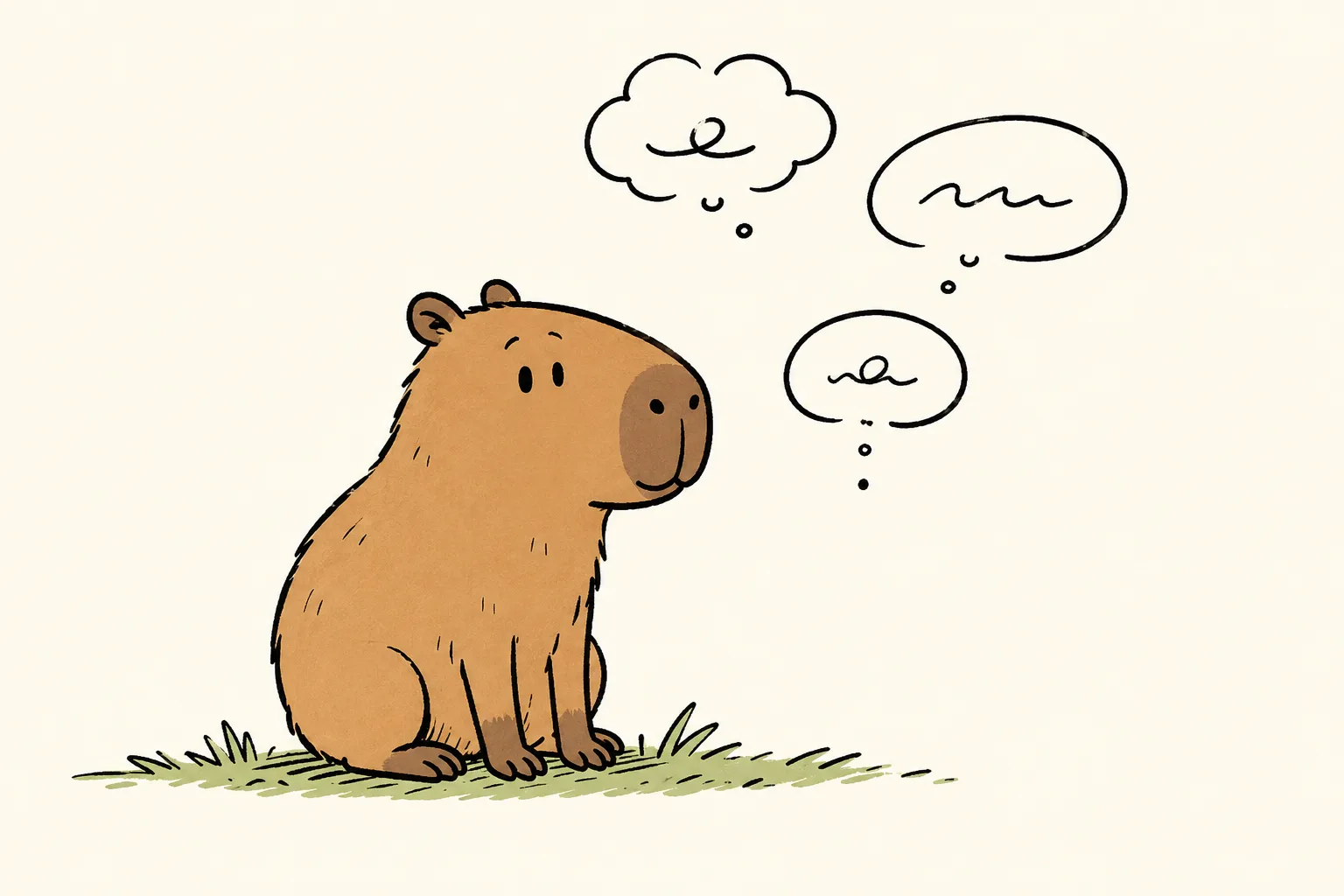 Capybara sitting in a thoughtful posture in a naturalist illustration style with soft background