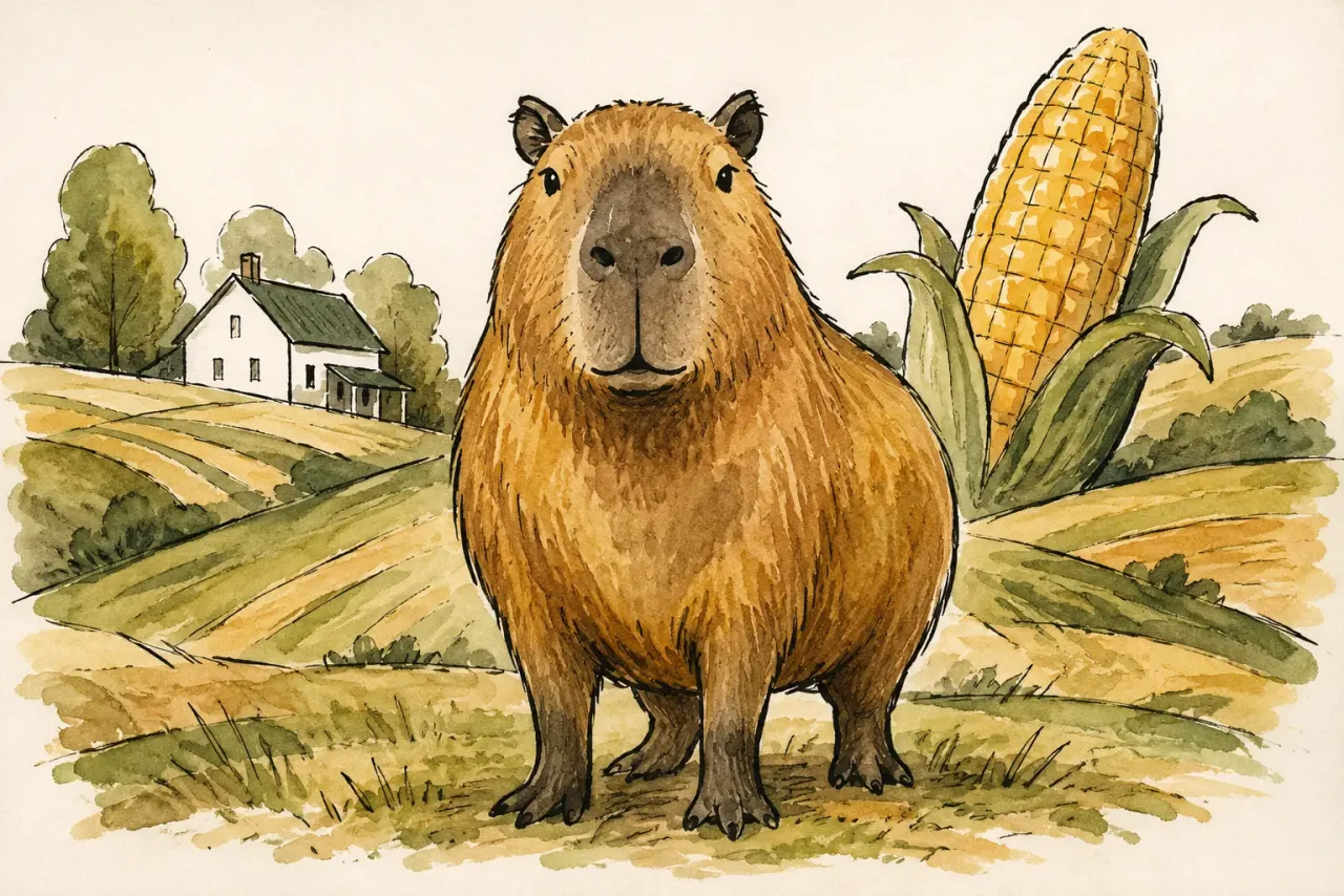 Capybara standing beside a cornfield on a Tennessee-style farm with rolling hills in the background