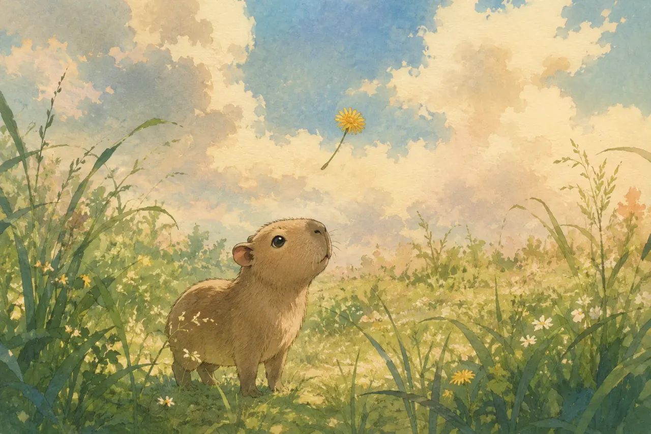 Capybara resting in a sunlit meadow full of dandelions, the picture of unbothered holiday observance