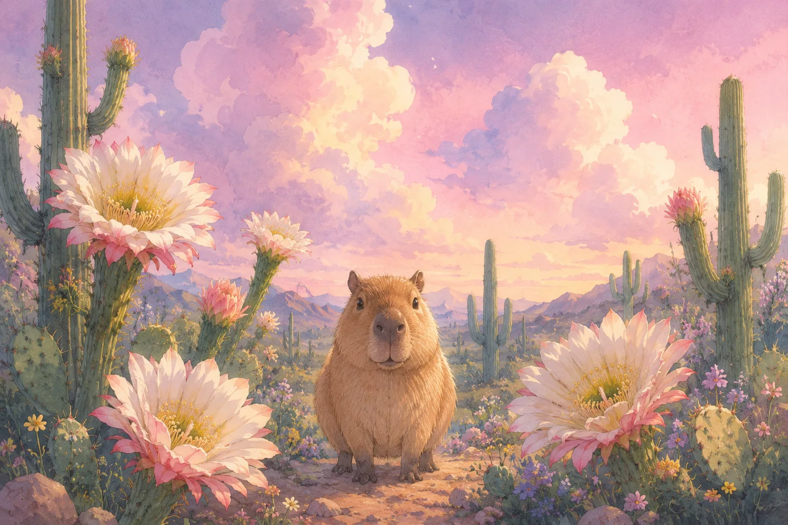 Capybara standing among desert wildflowers at golden hour, looking comfortable despite the arid surroundings