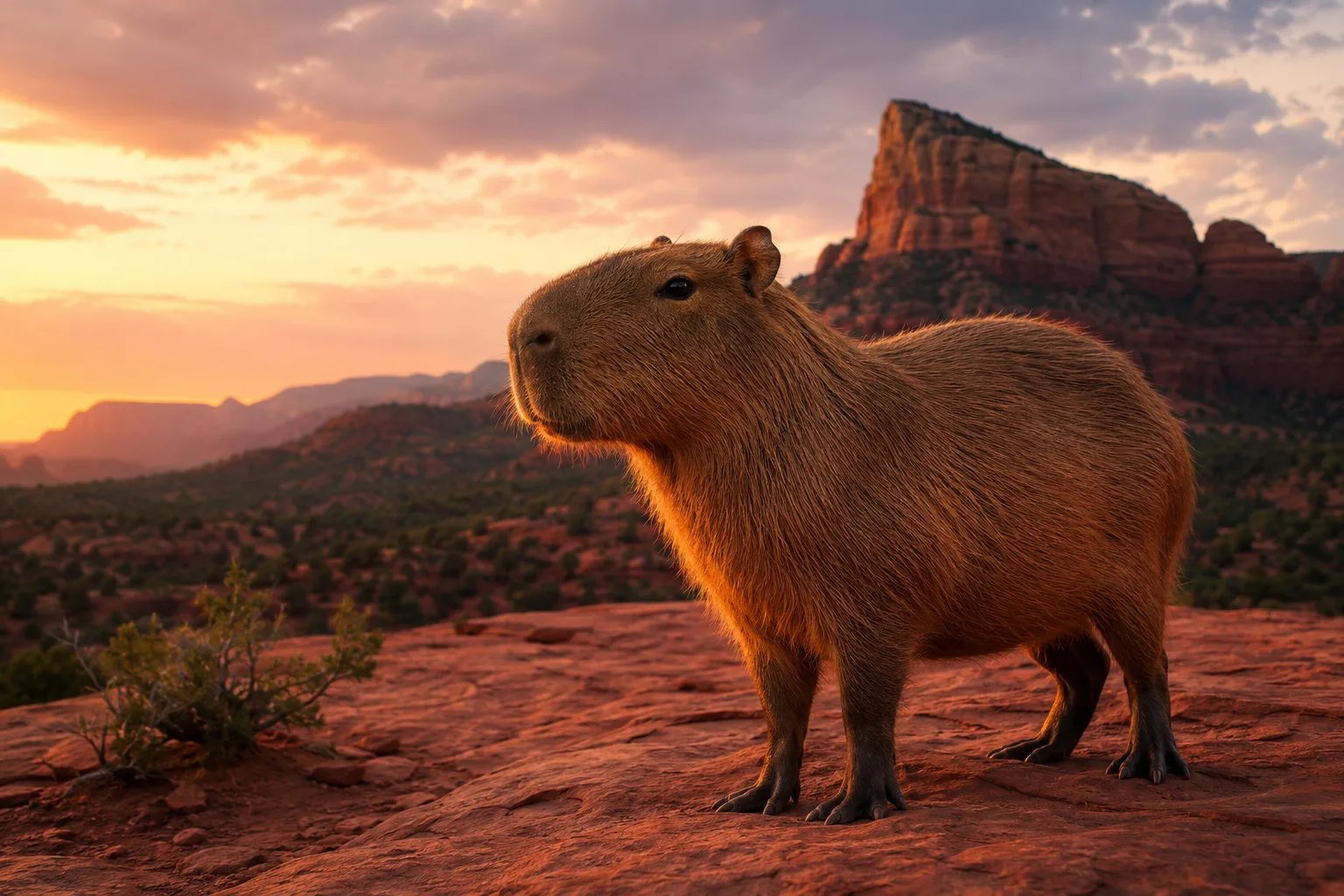 Capybara standing on a desert plateau at sunset with red rock buttes visible in the background
