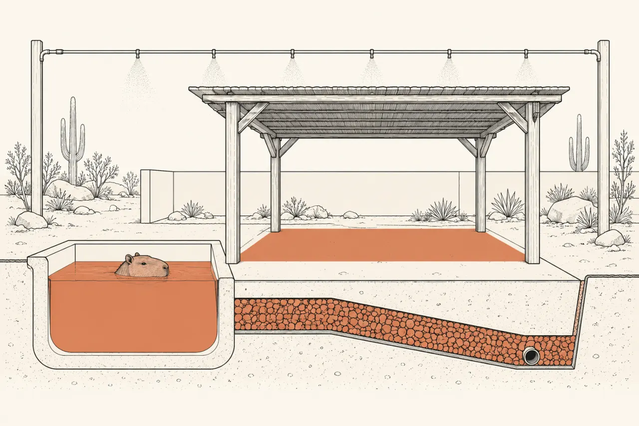 Cross-section drawing of a capybara enclosure with a soaking pool, shade structure and drainage
