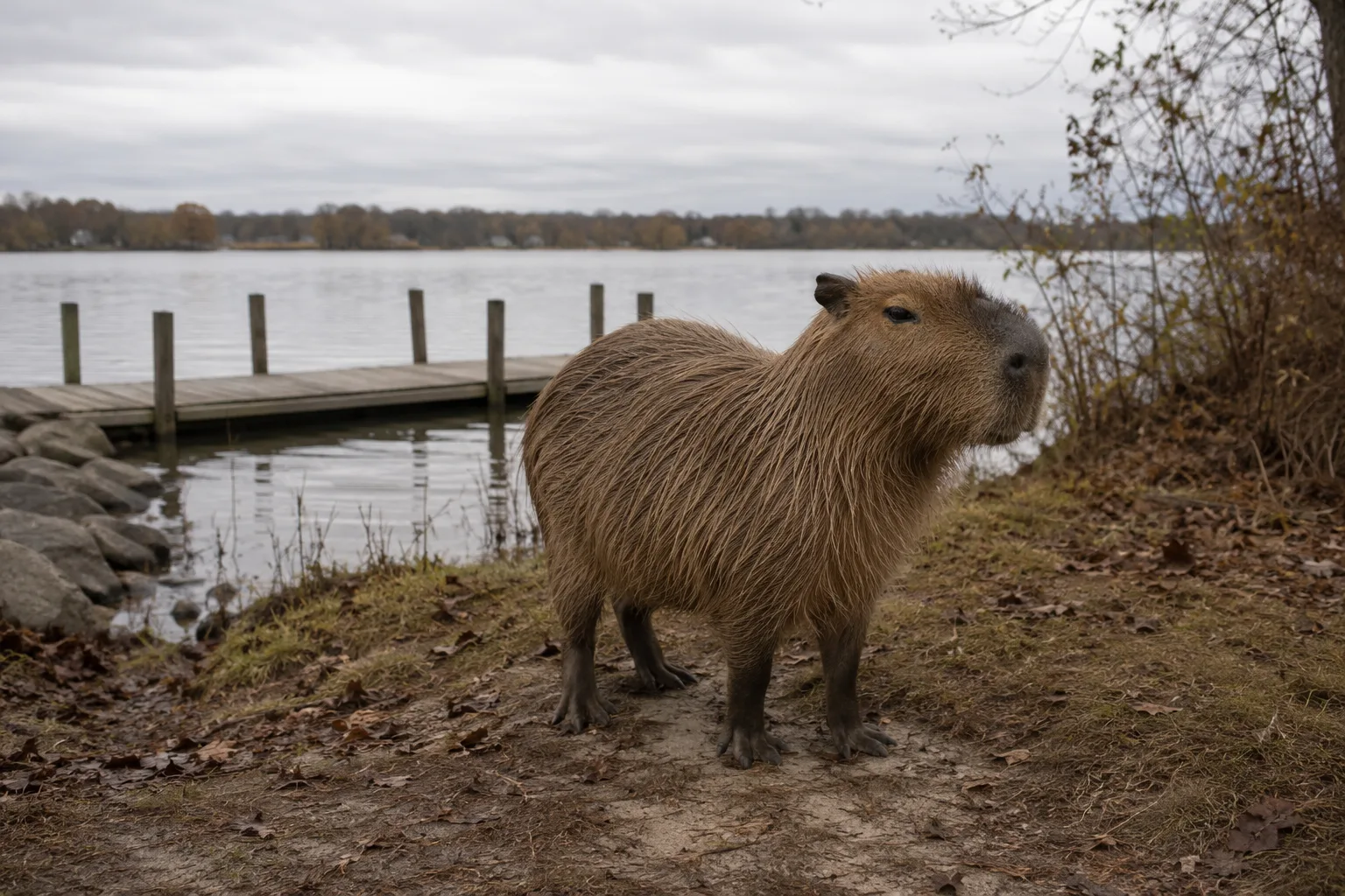 Capybara standing on a wooden dock at an autumn lake with orange and yellow leaves on the trees