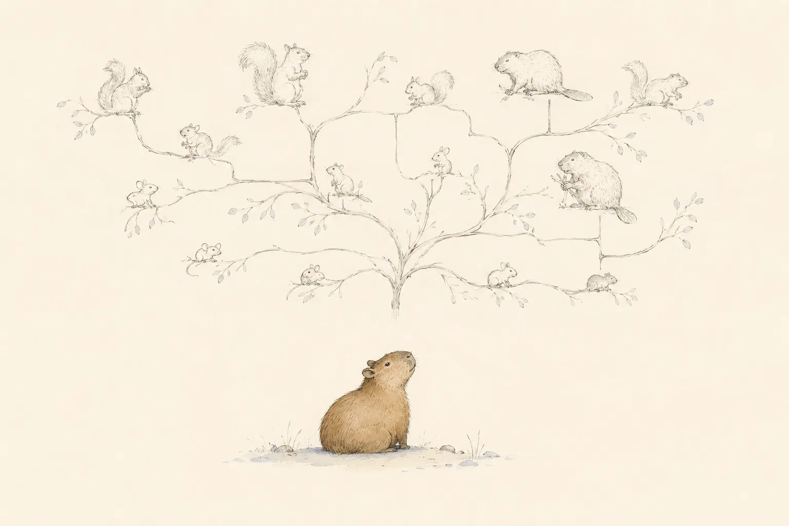 Capybara family tree illustration showing a capybara among related rodent shapes