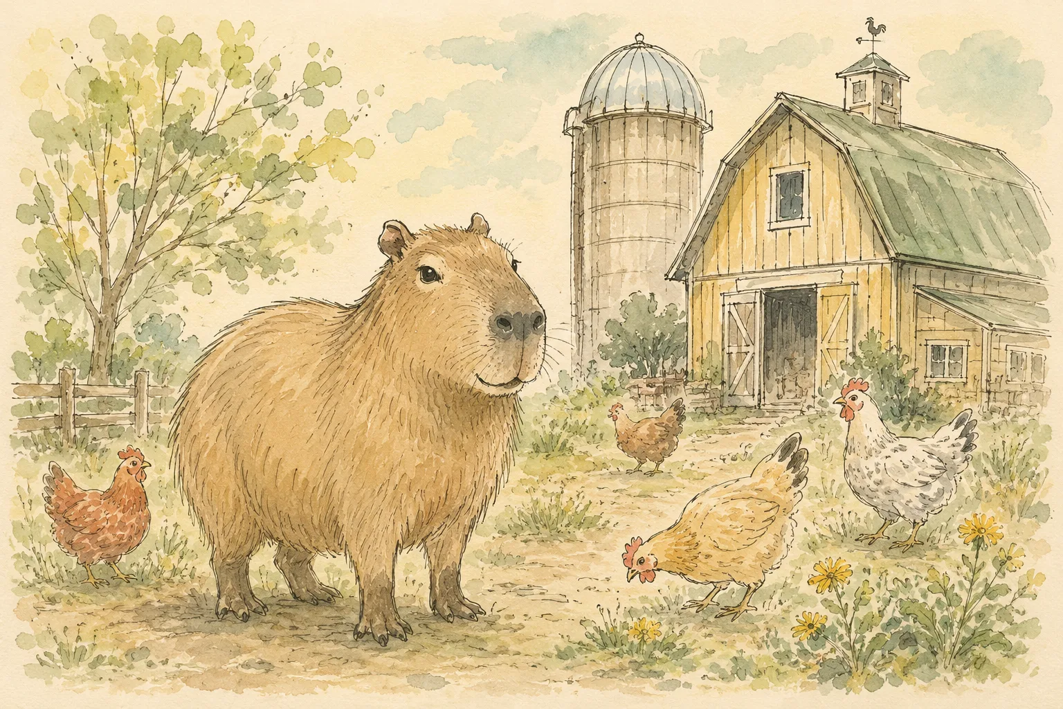 Capybara standing in a rural Georgia-style farmyard near a red barn with chickens nearby