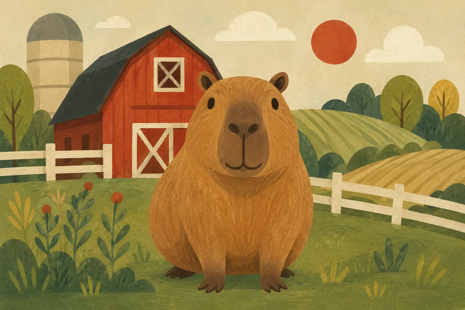 Capybara grazing in a pastoral countryside setting with green hills and split-rail fencing