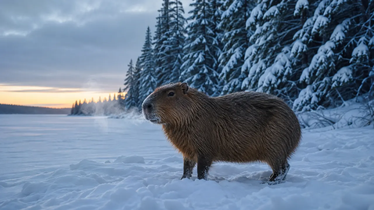 Capybara standing on a frozen Minnesota lake at dusk with snow-loaded pines behind it