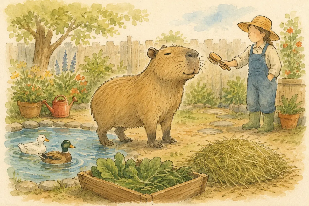 Capybara enjoying being groomed in a garden setting with another animal nearby