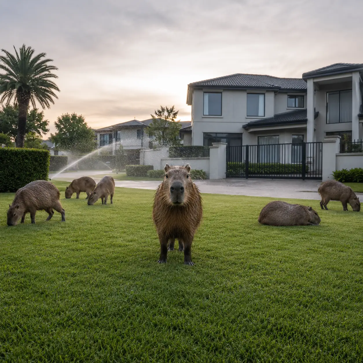 A group of capybaras grazing and resting on the manicured lawn of a gated suburban development at dusk