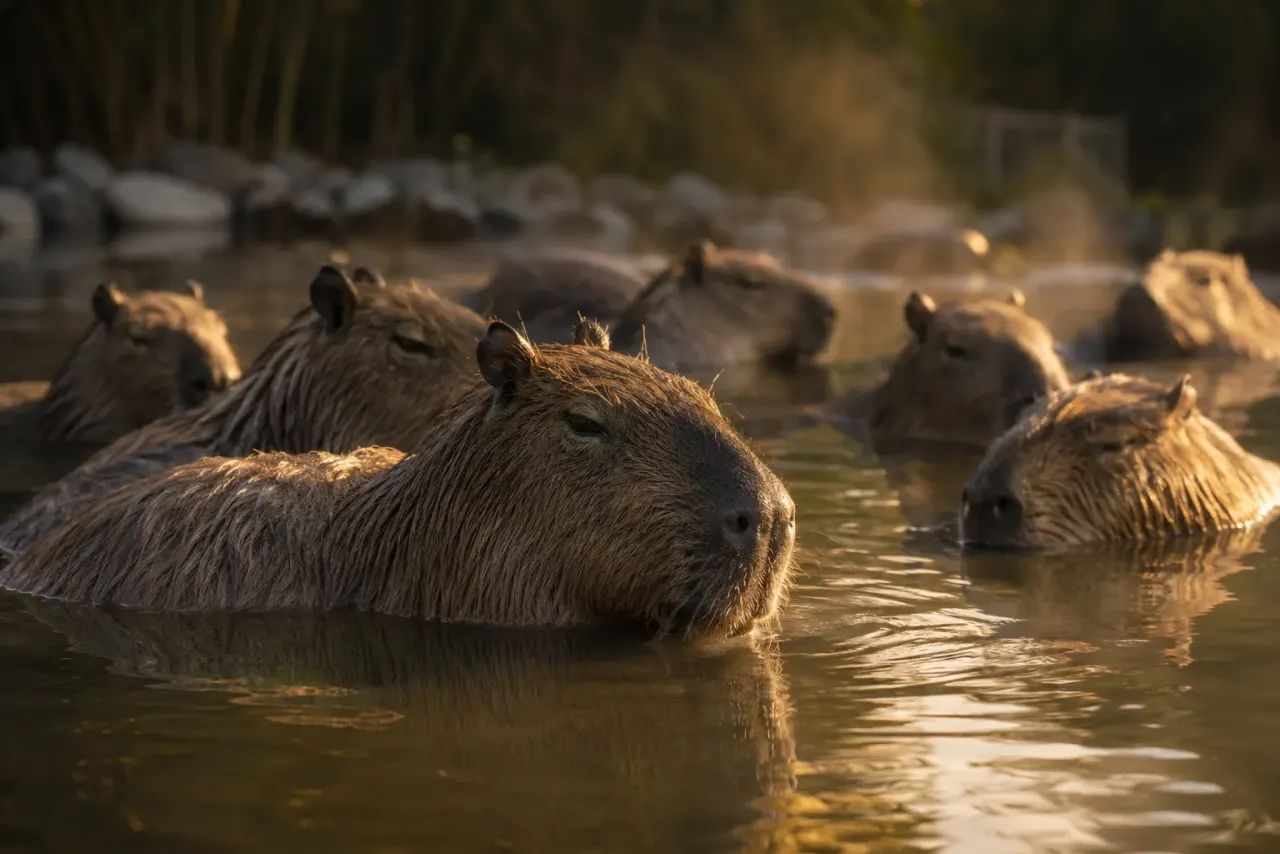 Group of capybaras gathered near a water body at golden hour with adults and young visible together