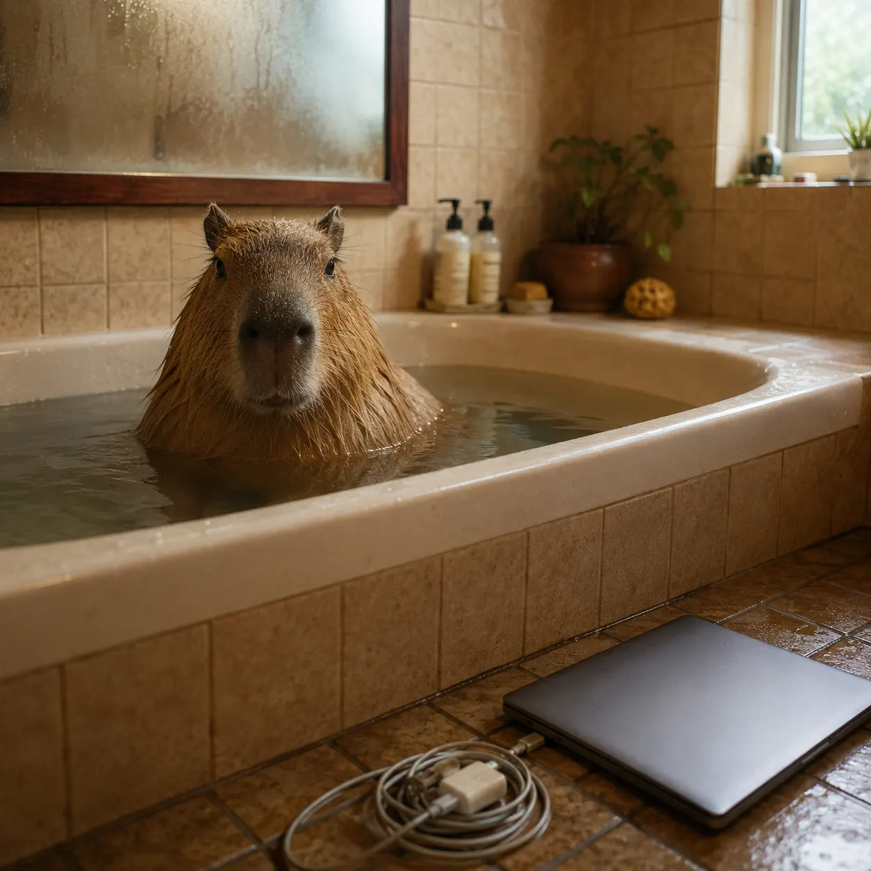 Capybara soaking in a home bathtub with a closed laptop left on the floor beside it