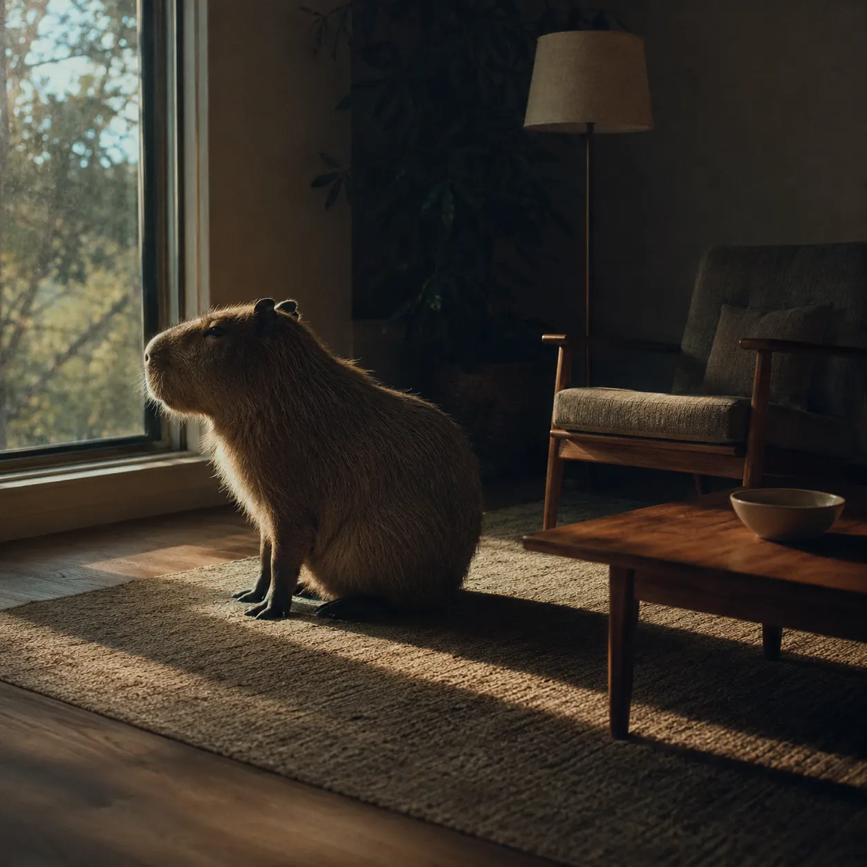 Capybara sitting on a rug in a sunlit living room beside an armchair and coffee table, for a guide to whether a capybara can live indoors