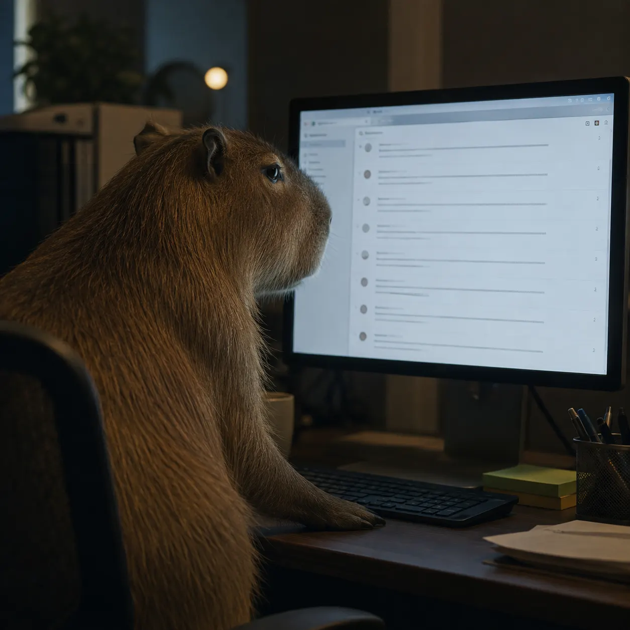 Capybara at a desk at night scrolling a long list of listings on a computer monitor