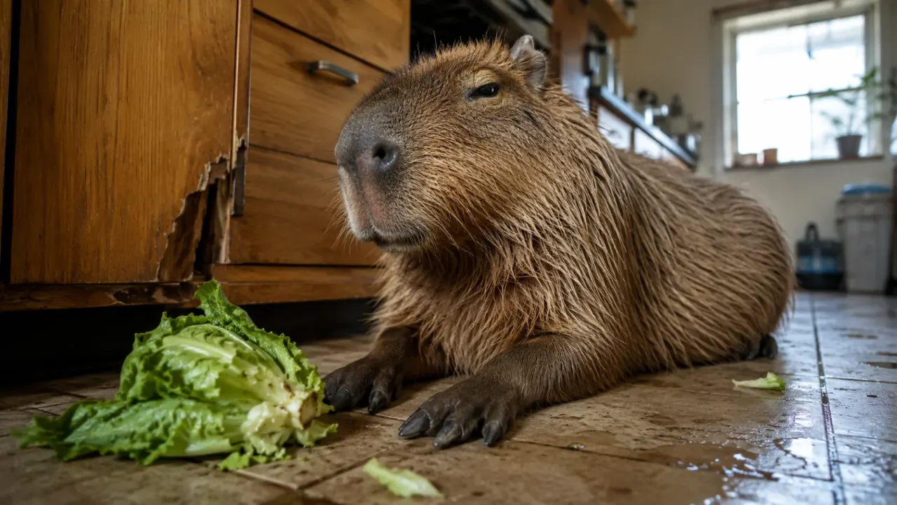 Capybara in a kitchen beside leafy greens, illustrating safer food choices and risky human-food confusion