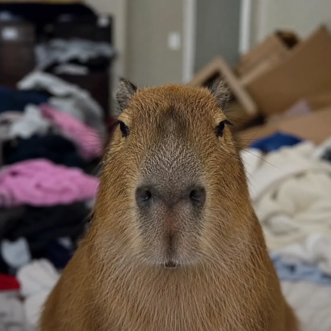 Capybara sitting calmly in a room strewn with piles of laundry, for a guide to whether capybaras can be potty trained