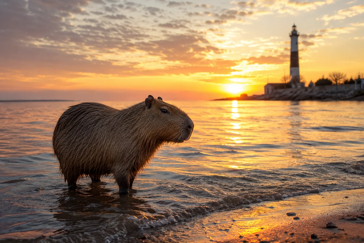 Capybara standing near a coastal lighthouse at sunset with the ocean in the background