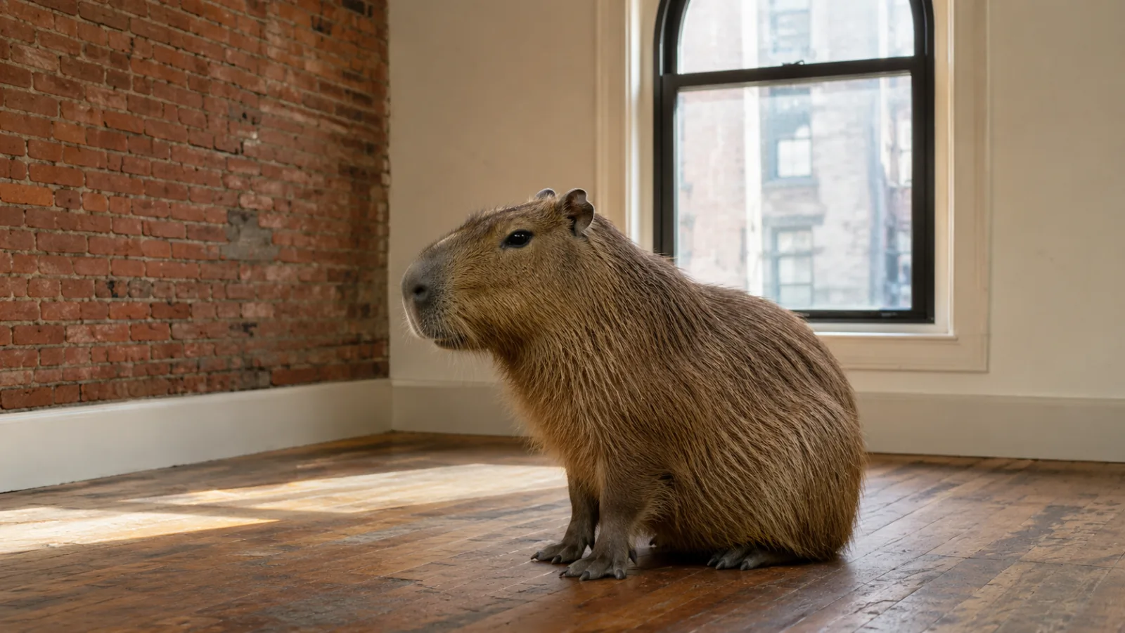 Capybara in a thoughtful contemplative posture in a loft-style setting, looking pensive