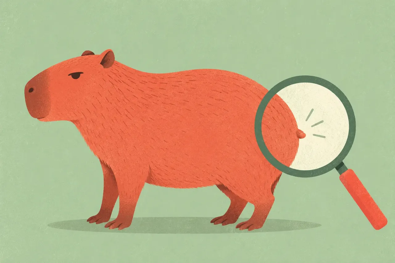 Illustrated capybara holding a large magnifying glass and inspecting something with a serious, unbothered expression