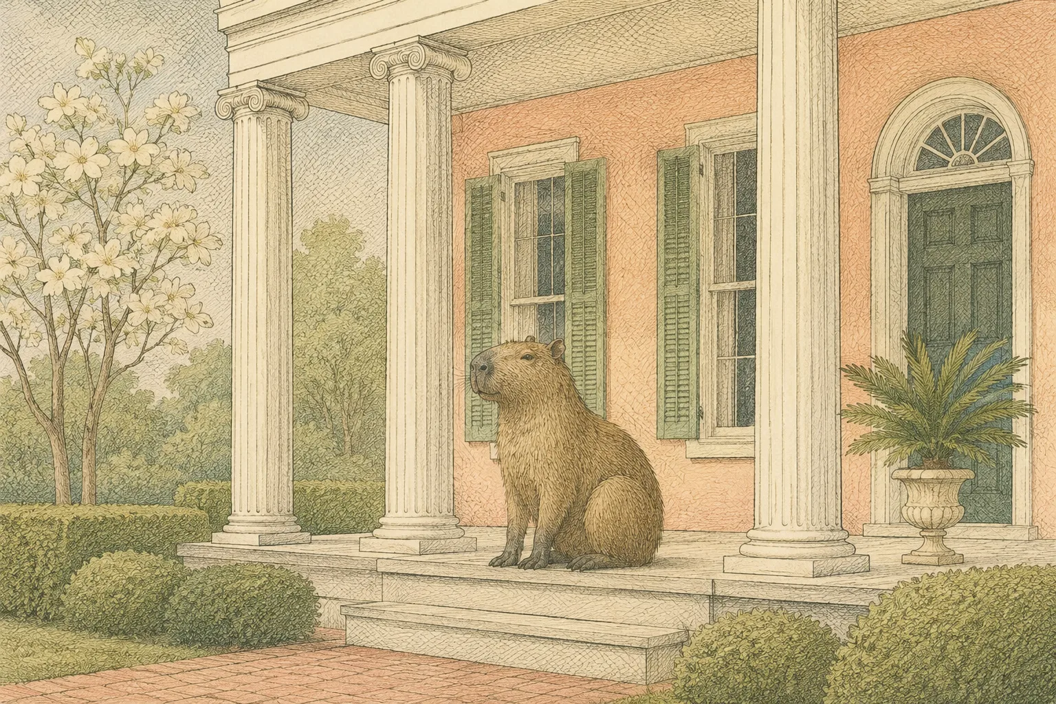 Capybara sitting at the entrance of a formal British-style estate with a composed, stately expression