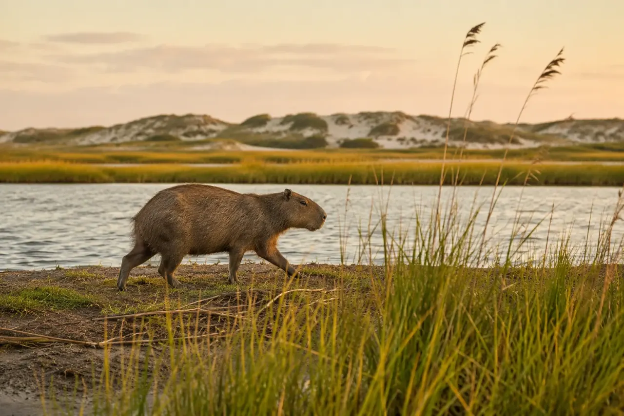 Capybara walking through shallow marsh water with reeds and vegetation visible around it