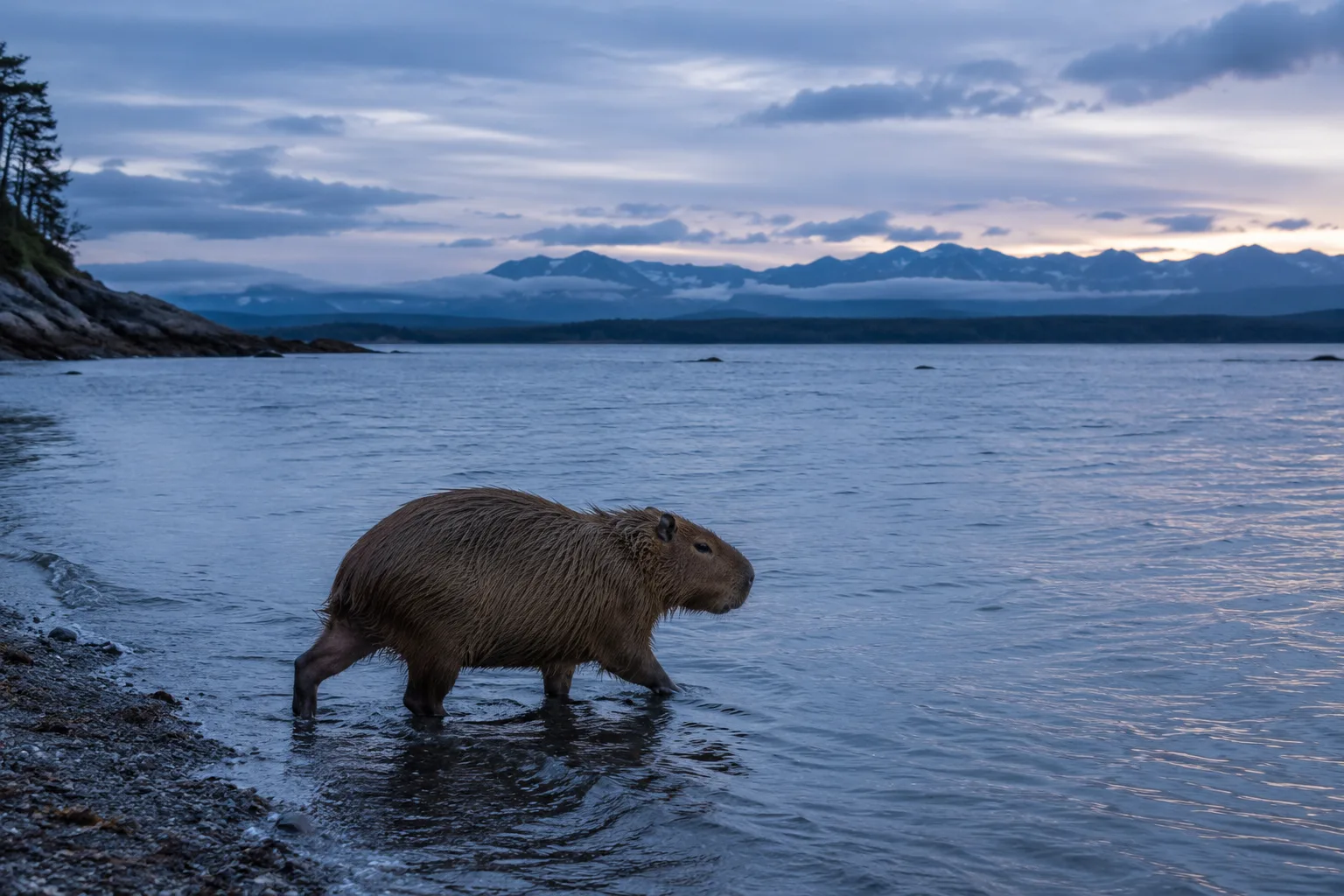 Capybara wading at the edge of a mountain stream at dusk with rocky peaks visible in the background