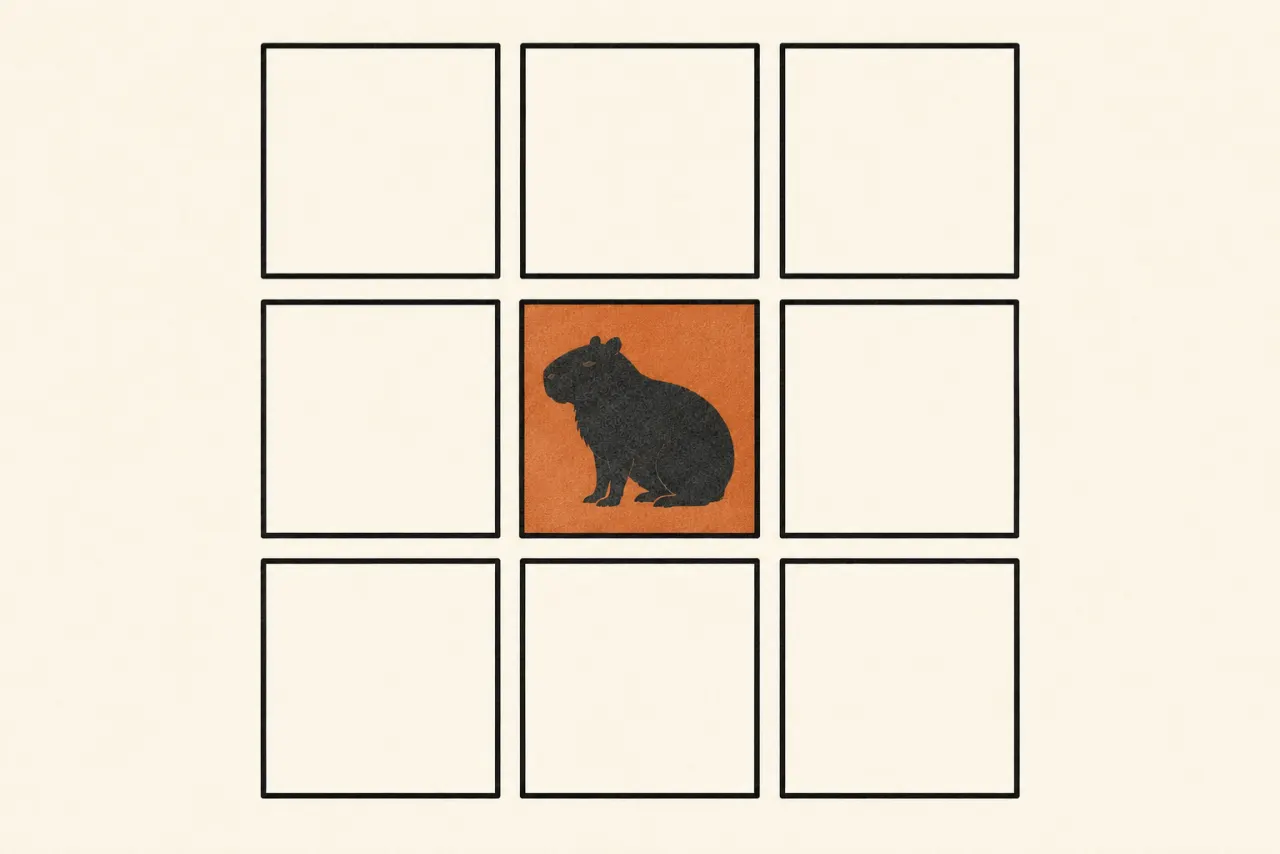 Illustration of a three by three grid of empty squares with a capybara filling the single centre square