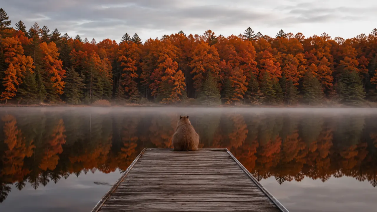 Capybara sitting on a dock facing an autumn Northwoods lake in Wisconsin
