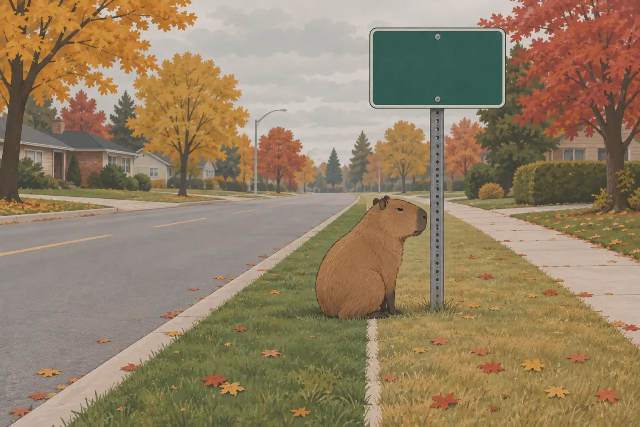 Capybara sitting on a suburban Ontario boulevard at the edge of a city limits sign, autumn maples behind it