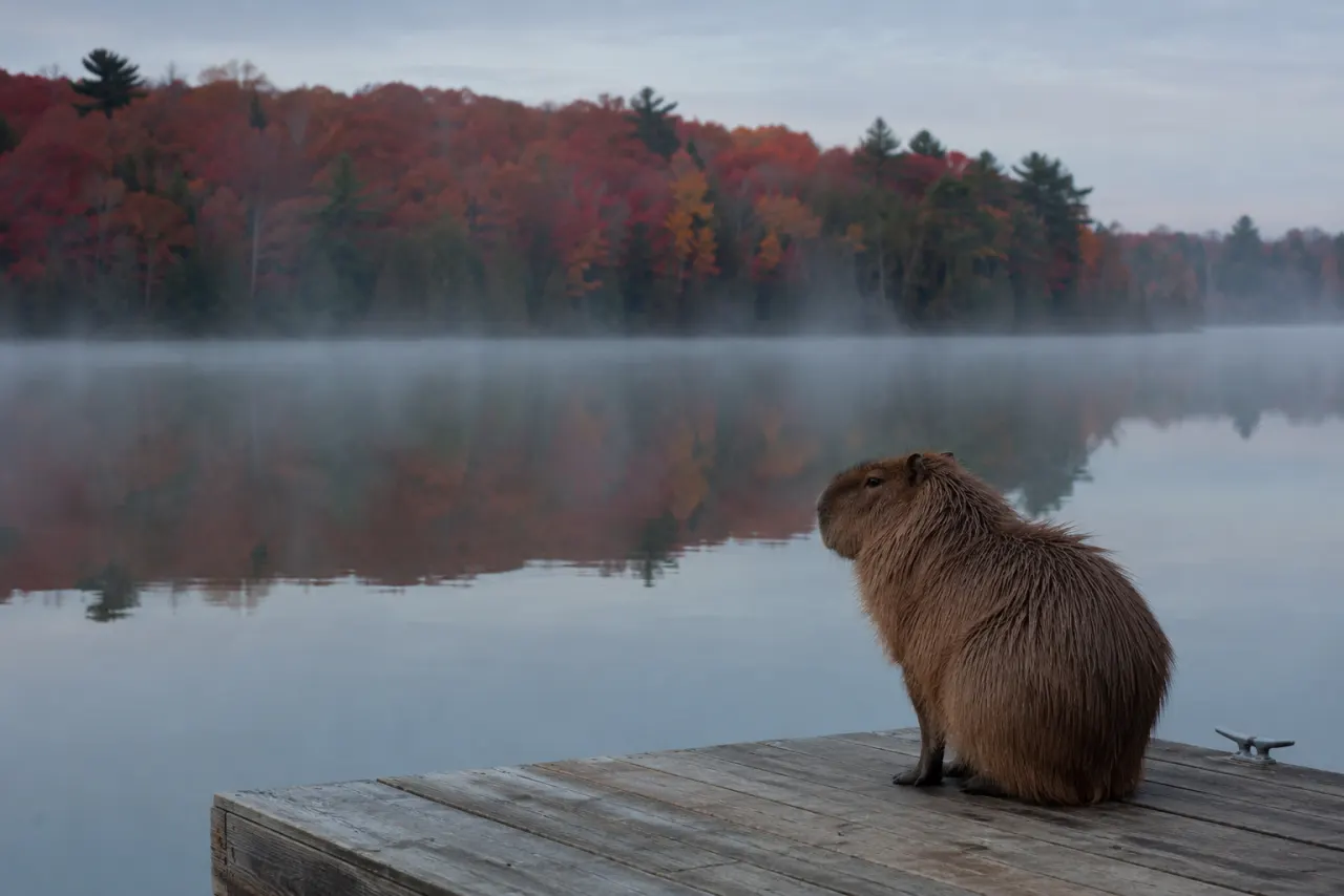 Capybara sitting at the end of a wooden dock on a cold misty northern lake at first light
