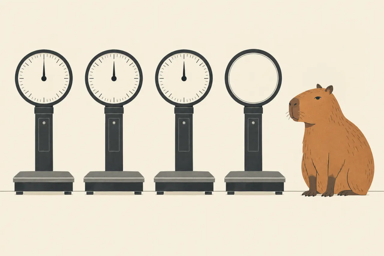 Illustration of four municipal weigh-scales in a row, three showing the same needle position and the fourth with no dial, a capybara sitting beside them