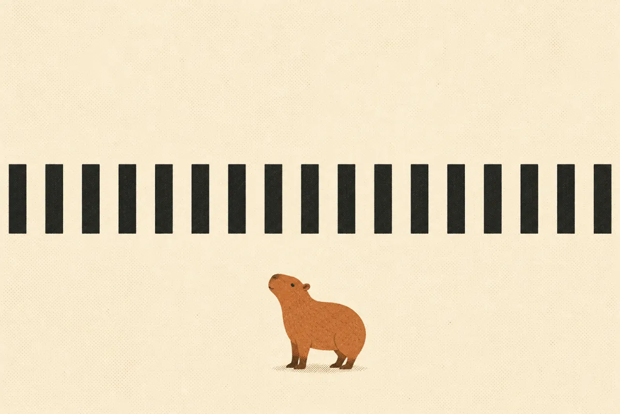 Illustration of a long row of upright black bars with a small capybara standing on the open side of them