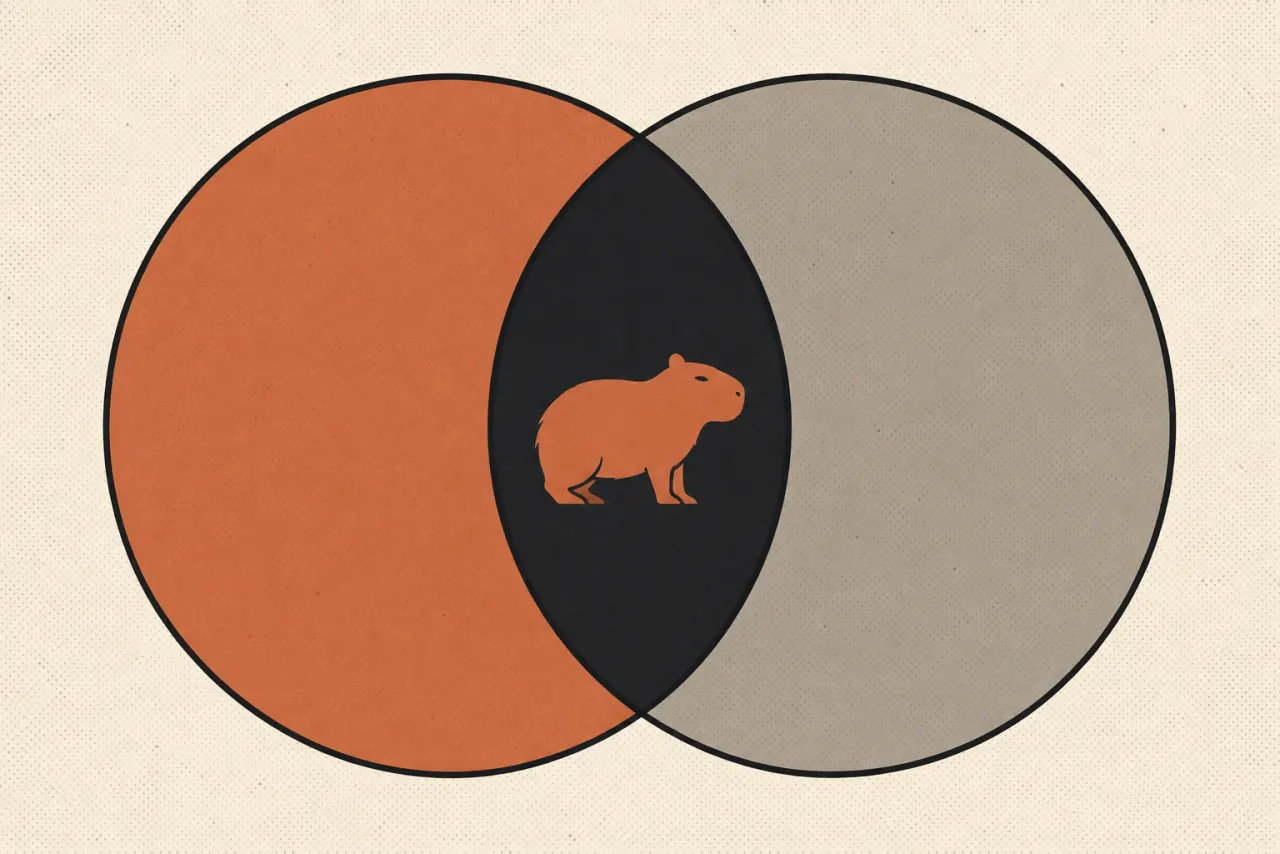 Illustration of two overlapping circles with a capybara sitting in the dark overlap between them